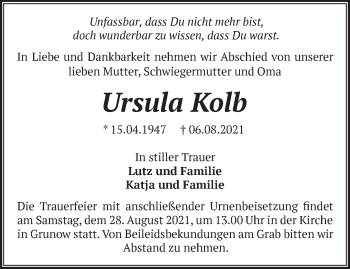 Traueranzeige von Ursula Kolb von Märkische Oderzeitung