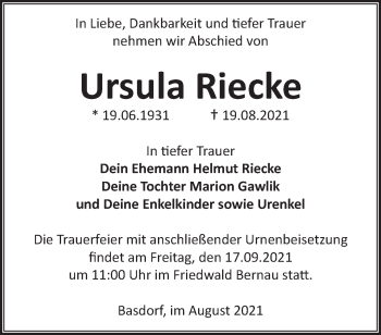 Traueranzeige von Ursula Riecke von Märkische Oderzeitung