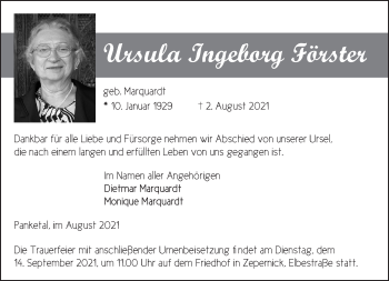 Traueranzeige von Ursula Ingeborg Förster von Märkische Oderzeitung