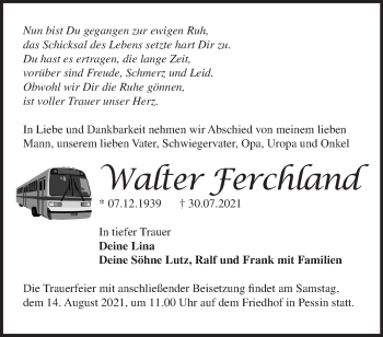 Traueranzeige von Walter Ferchland von Märkische Oderzeitung