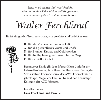 Traueranzeige von Walter Ferchland von Märkische Oderzeitung