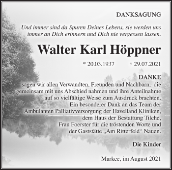 Traueranzeige von Walter Karl Höppner von Märkische Oderzeitung