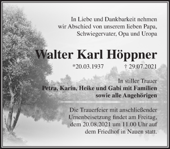 Traueranzeige von Walter Karl Höppner von Märkische Oderzeitung