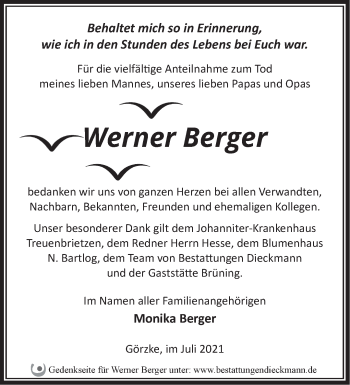 Traueranzeige von Werner Berger von Märkische Oderzeitung