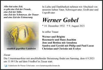 Traueranzeige von Werner Gobel von Märkische Oderzeitung