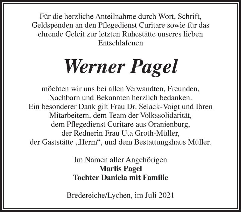  Traueranzeige für Werner Pagel vom 04.08.2021 aus Märkische Oderzeitung