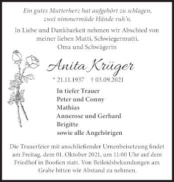 Traueranzeige von Anita Krüger von Märkische Oderzeitung