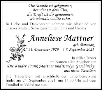 Traueranzeige von Anneliese Mattner von Märkische Oderzeitung