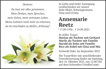 Traueranzeige von Annemarie Reetz von Märkische Oderzeitung