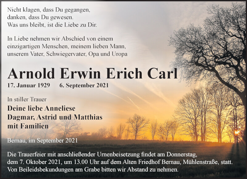  Traueranzeige für Arnold Erwin Erich Carl vom 18.09.2021 aus Märkische Oderzeitung