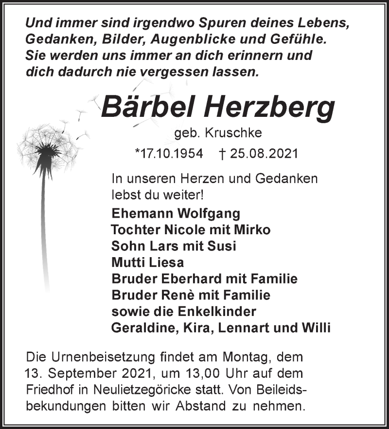  Traueranzeige für Bärbel Herzberg vom 05.09.2021 aus Märkische Oderzeitung