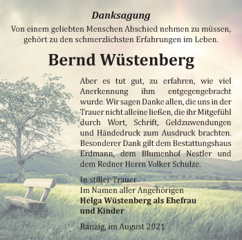 Traueranzeige von Bernd Wüstenberg von Märkische Oderzeitung