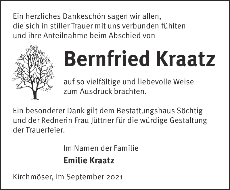  Traueranzeige für Bernfried Kraatz vom 26.09.2021 aus Märkische Oderzeitung