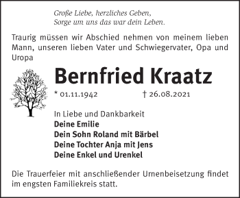 Traueranzeige von Bernfried Kraatz von Märkische Oderzeitung