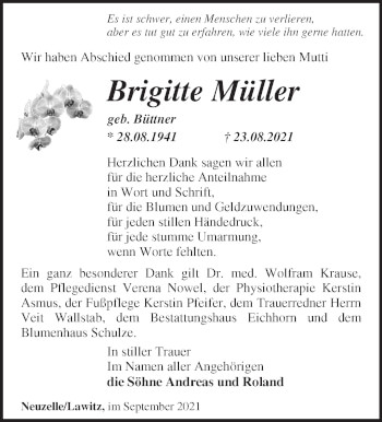 Traueranzeige von Brigitte Müller von Märkische Oderzeitung