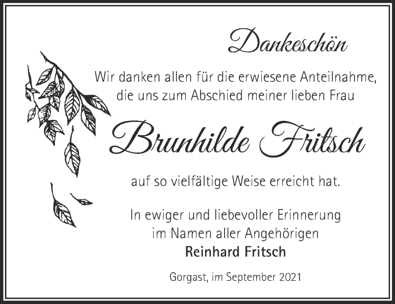  Traueranzeige für Brunhilde Fritsch vom 29.09.2021 aus Märkische Oderzeitung