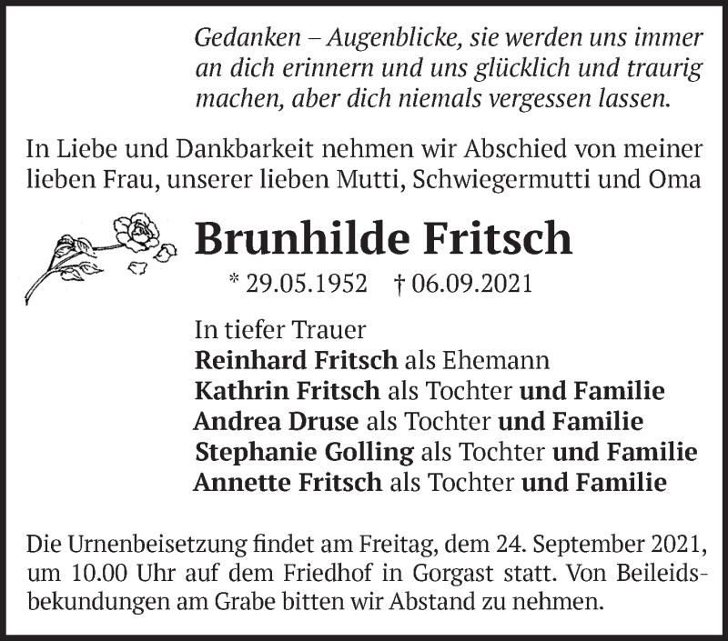  Traueranzeige für Brunhilde Fritsch vom 11.09.2021 aus Märkische Oderzeitung