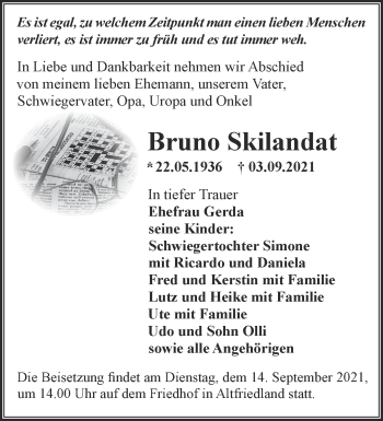 Traueranzeige von Bruno Skilandat von Märkische Oderzeitung