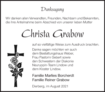 Traueranzeige von Christa Grabow von Märkische Oderzeitung