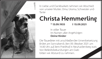 Traueranzeige von Christa Hemmerling von Märkische Oderzeitung