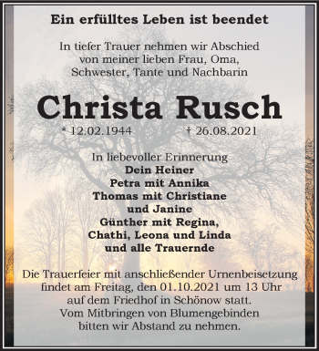 Traueranzeige von Christa Rusch von Märkische Oderzeitung