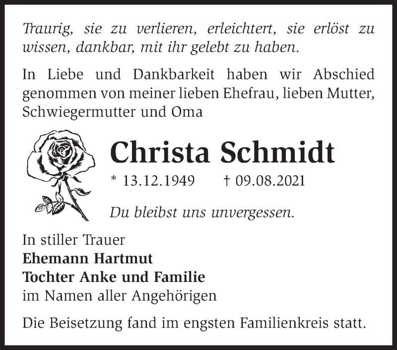 Traueranzeigen Von Christa Schmidt Märkische Onlinezeitung Trauerportal 