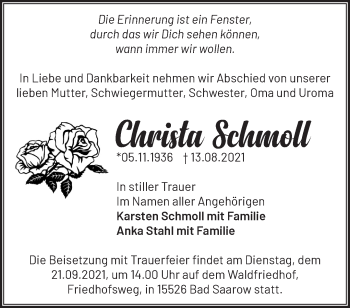 Traueranzeige von Christa Schmoll von Märkische Oderzeitung