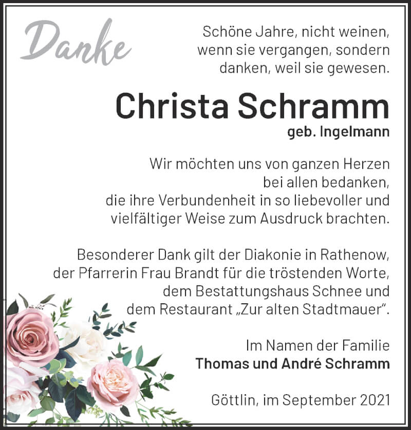 Traueranzeigen Von Christa Schramm Märkische Onlinezeitung Trauerportal 