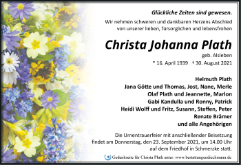 Traueranzeige von Christa Johanna Plath von Märkische Oderzeitung