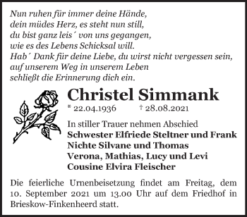 Traueranzeige von Christel Simmank von Märkische Oderzeitung