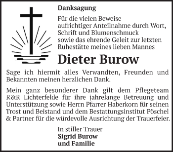 Traueranzeige von Dieter Burow von Märkische Oderzeitung