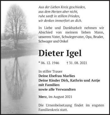 Traueranzeige von Dieter Igel von Märkische Oderzeitung