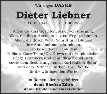 Traueranzeige von Dieter Liebner von Märkische Oderzeitung