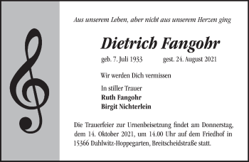 Traueranzeige von Dietrich Fangohr von Märkische Oderzeitung