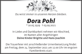 Traueranzeige von Dora Pohl von Märkische Oderzeitung