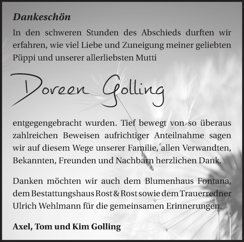  Traueranzeige für Doreen Golling vom 12.09.2021 aus Märkische Oderzeitung