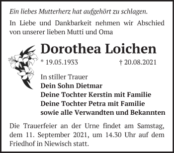 Traueranzeige von Dorothea Loichen von Märkische Oderzeitung