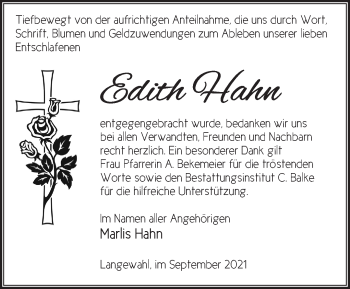 Traueranzeige von Edith Hahn von Märkische Oderzeitung