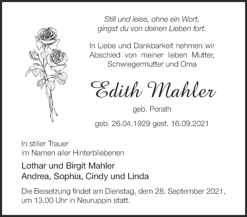  Traueranzeige für Edith Mahler vom 25.09.2021 aus Märkische Oderzeitung