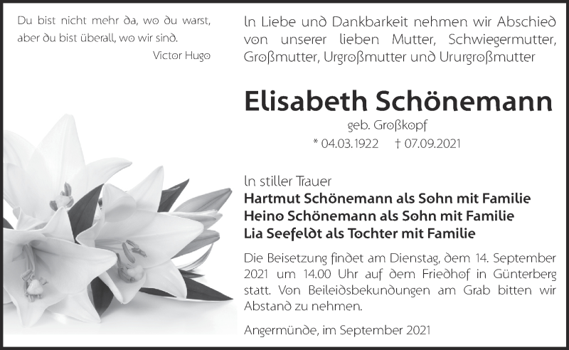  Traueranzeige für Elisabeth Schönemann vom 11.09.2021 aus Märkische Oderzeitung