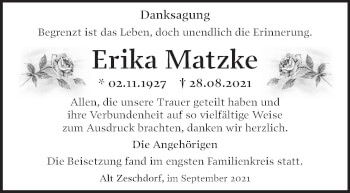 Traueranzeige von Erika Matzke von Märkische Oderzeitung