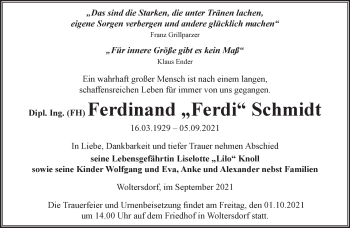 Traueranzeige von Ferdinand Schmidt von Märkische Oderzeitung