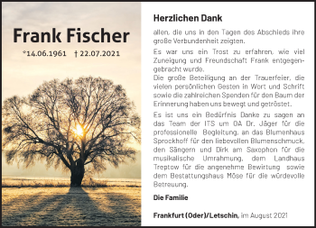 Traueranzeige von Frank Fischer von Märkische Oderzeitung