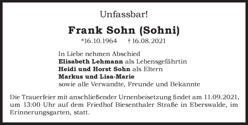  Traueranzeige für Frank Sohn vom 04.09.2021 aus Märkische Oderzeitung