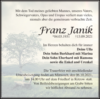 Traueranzeige von Franz Janik von Märkische Oderzeitung