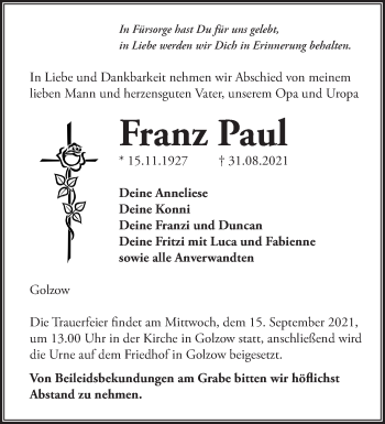 Traueranzeige von Franz Paul von Märkische Oderzeitung