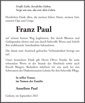 Traueranzeige von Franz Paul von Märkische Oderzeitung