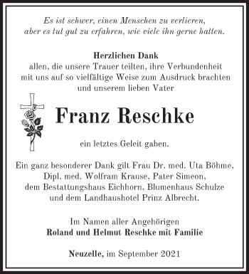 Traueranzeige von Franz Reschke von Märkische Oderzeitung