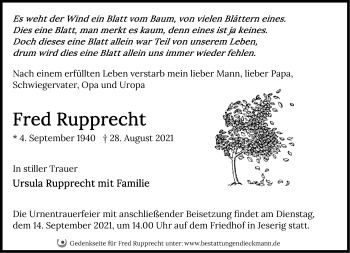 Traueranzeige von Fred Rupprecht von Märkische Oderzeitung