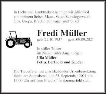 Traueranzeige von Fredi Müller von Märkische Oderzeitung